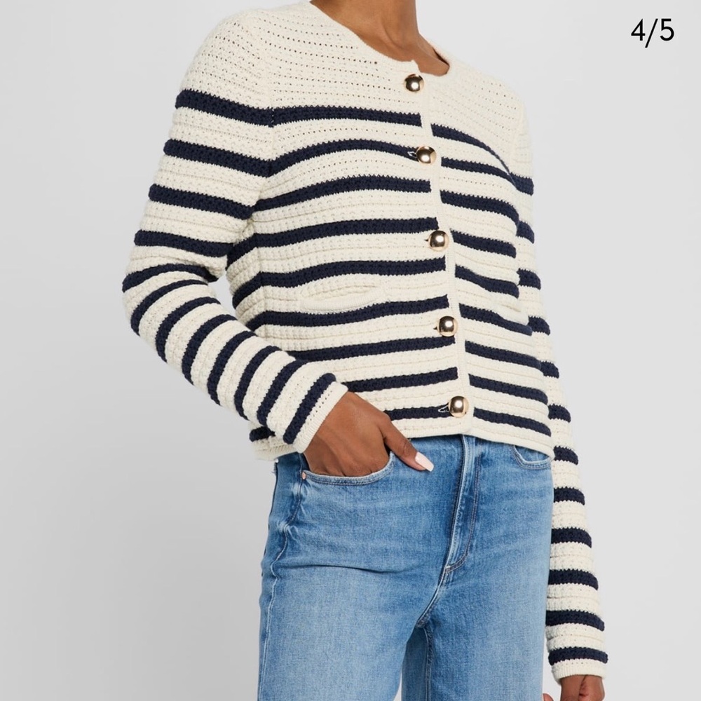 New PAIGE, Cream & Ink Navy, Striped Crochet Cardigan with Gold Buttons